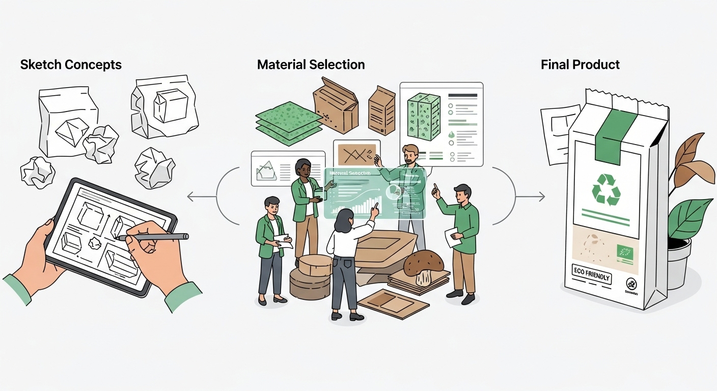 Custom sustainable packaging design process showing material selection and branding elements