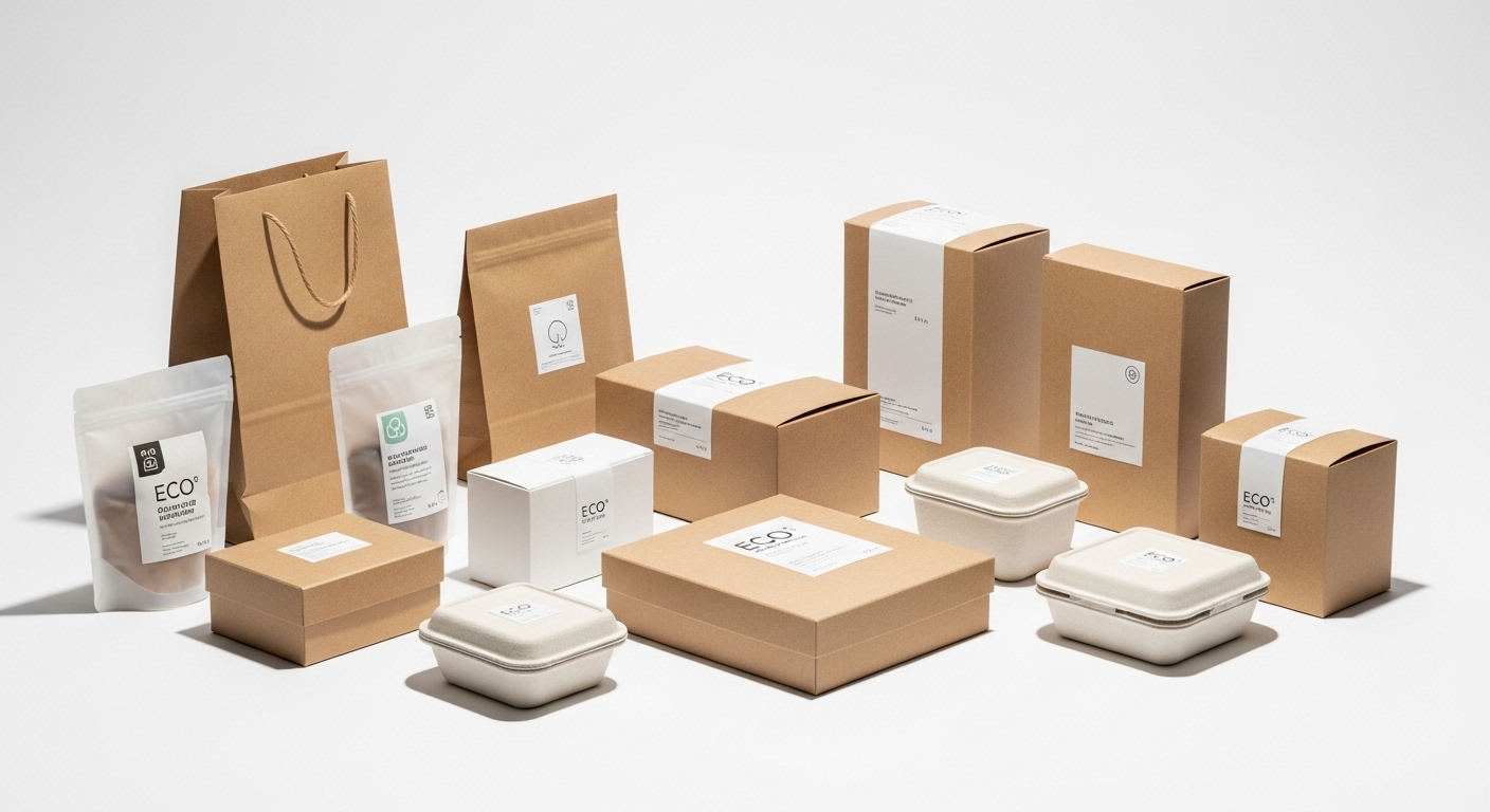 Sustainable packaging solutions showcase featuring eco-friendly materials and innovative designs